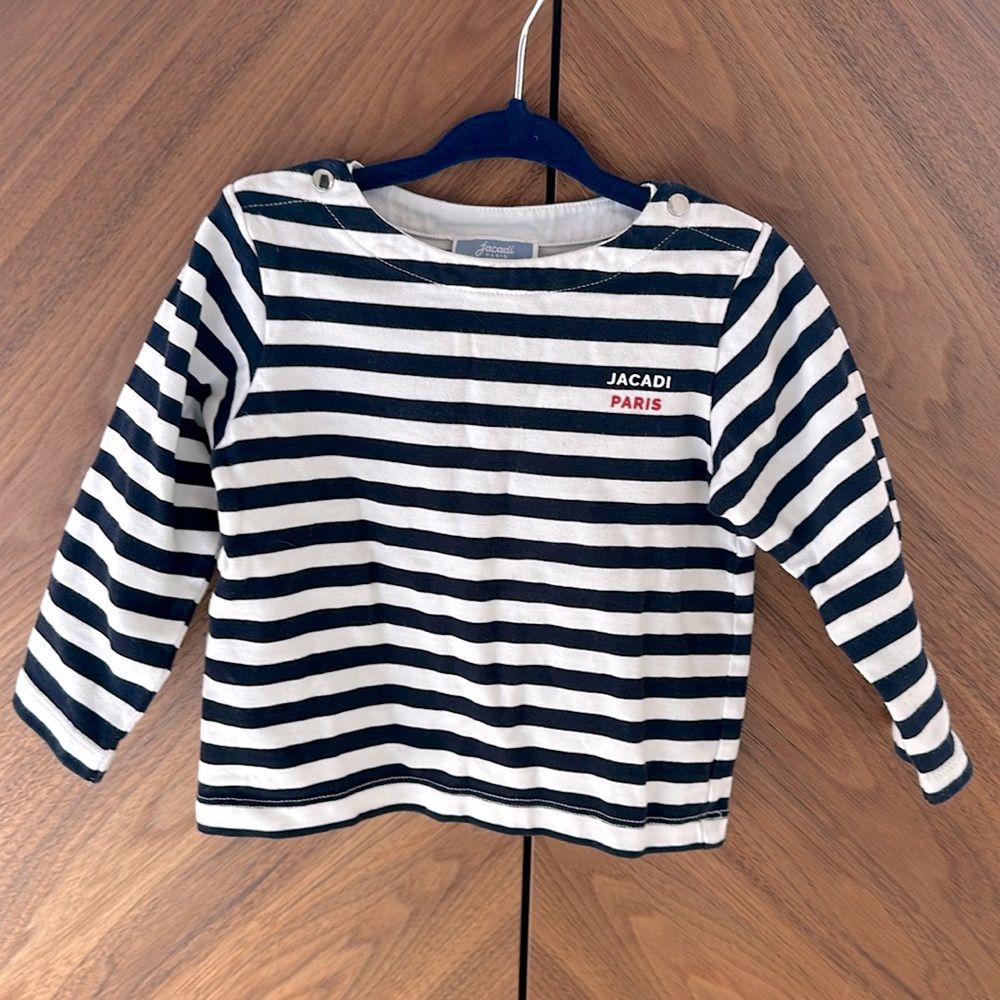 Jacadi Paris Breton Marinière Shirt White Navy 24M Button Shoulders 3/4 Sleeve